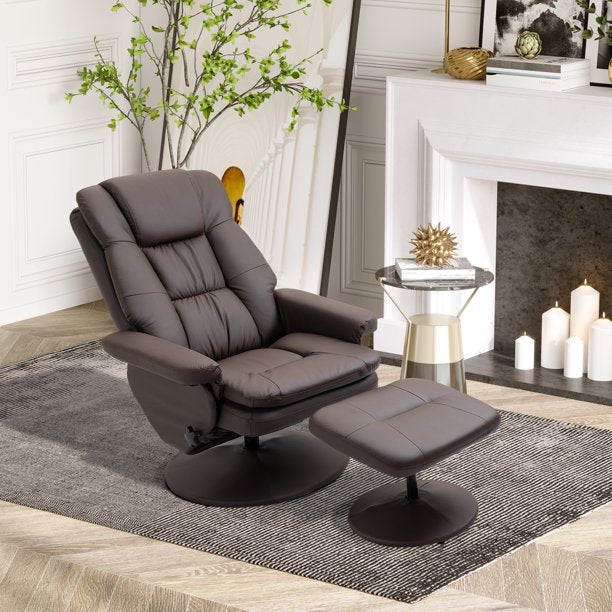 Upholstery Recliner Chair with Wrapped Base and Matching Ottoman Footrest Lockable 360° swivel